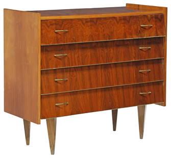 FRENCH MID-CENTURY MODERN CHEST OF DRAWERS: French mid-century modern commode, c.1950s, four drawers with angled front panels, on tapered legs, approx 34.75"h, 38.75"w, 17"d