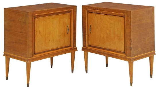 (2) ITALIAN MID-CENTURY MODERN WALNUT NIGHTSTANDS: (pair) Italian mid-century modern walnut bedside cabinets, c.1950s, having rectangular top, over one cabinet door, revealing open interior, rising on tapered legs, approx 25 1/8"h, 22.75"w, 13.5"d