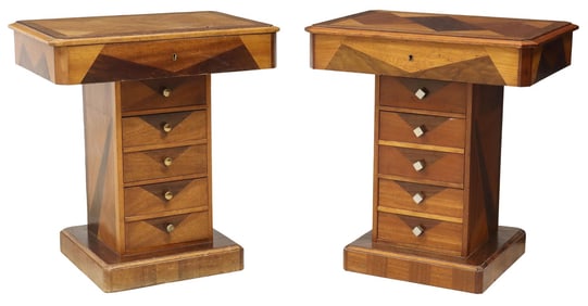 (2) ART DECO PARQUETRY INLAID LIFT-TOP SEWING TABLES