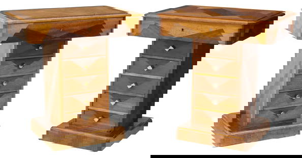 (2) ART DECO PARQUETRY INLAID LIFT-TOP SEWING TABLES: (lot of 2) Art Deco parquetry inlaid sewing tables/ side tables, c.1930s, a near pair, each having hinged lift-top, revealing mirrored and divided interior, above three drawers, ending on square