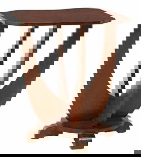 ITALIAN ART DECO SIDE TABLE: Italian Art Deco side table, c.1930s, square top with canted corners, on curved supports, approx 21.75"h, 17.75"w, 17.5"d