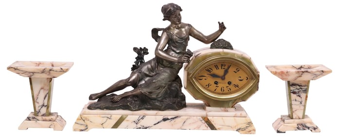 (3) FRENCH ART DECO FIGURAL MARBLE MANTEL CLOCK & GARNITURE SET