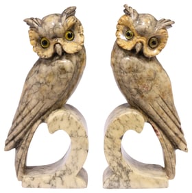 (2) CARVED ALABASTER PERCHED OWL BOOKENDS