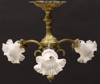 FRENCH BRASS & MOLDED GLASS 3-LIGHT CHANDELIER