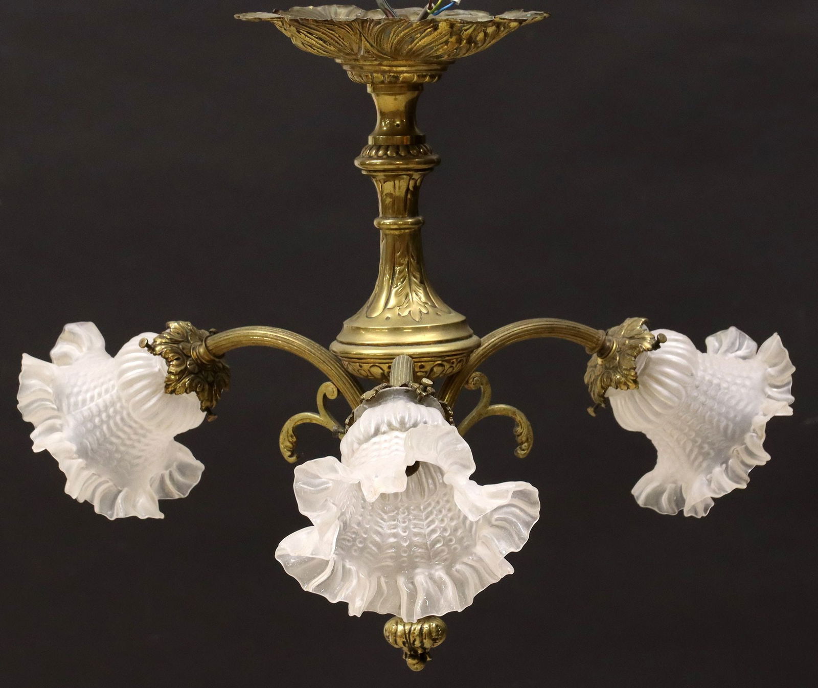 FRENCH BRASS & MOLDED GLASS 3-LIGHT CHANDELIER (1 of 3)