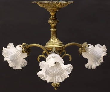 FRENCH BRASS & MOLDED GLASS 3-LIGHT CHANDELIER: French brass three-light&nbsp;chandelier, 20th c., foliate repousse canopy, over turned central standard with etched foliates, issuing fluted arms, ending in frosted glass slip shade with ruffled edge