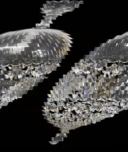 ITALIAN CRYSTAL CANOPY 1-LIGHT CEILING LAMP: Italian crystal single-light ceiling lamp, 20th c., having domed canopy surrounding single light, hung with crystal prisms and faceted beads, terminating on drop finial, in need of wiring, approx 14&q