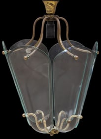 ITALIAN PATINATED METAL & BEVELED GLASS 1-LIGHT CEILING LAMP