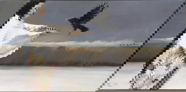SIGNED CONTEMPORARY PAINTING JAPANESE WOMAN & CROW, 24" X 48": Framed painting on canvas, Japanese woman with crow, signed illegibly lower left, sight: approx 24&quot;h, 48&quot;w, overall: 25.5&quot;h, 49.5&quot;w, 8lbs