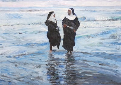 MARIO BERRINO (1920-2011) IMPRESSIONIST PAINTING, NUNS AT THE BEACH