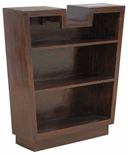 CONTEMPORARY THREE-SHELF BOOKCASE: Contemporary bookcase, 20th c., shaped case, three fixed-height shelves, on an inset plinth, approx 38.5&quot;h, 36&quot;w, 10&quot;d