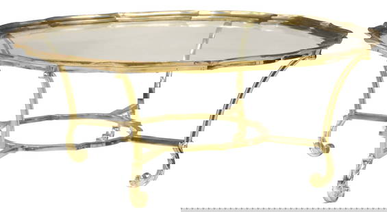 GILT METAL & GLASS SCALLOPED COFFEE TABLE, 41.5"DIAM: Gilt metal and glass coffee table, 20th c., having scalloped trim with inset colorless glass top, rising on stretcher-joined cabriole legs, approx 16.5&quot;h, 41.5&quot;diam