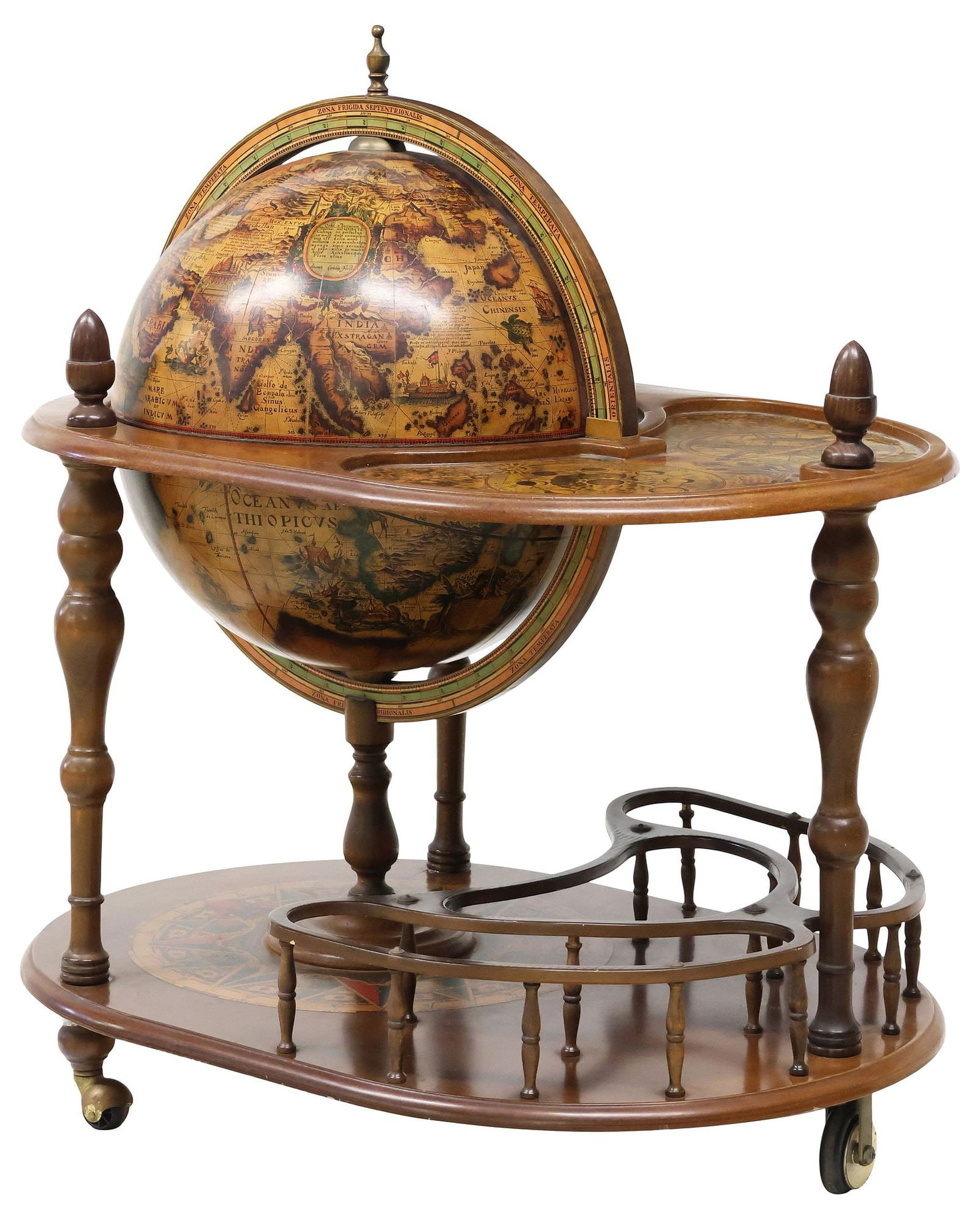 VINTAGE ITALIAN TERRESTRIAL GLOBE-FORM BAR / SERVICE CART: Vintage Italian globe-form bar/ service cart, 20th c., with transferred copy of an antique terrestrial map, rotating globe with hinged top, opening to reveal bottle storage compartment, adjacent shelf