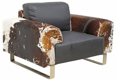 CONTEMPORARY BLACK LEATHER & COWHIDE LOUNGE CHAIR