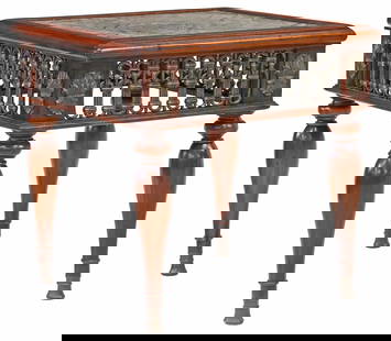 THEODORE ALEXANDER (ATTRIB) MARBLE-TOP LAMP TABLE: Anglo-Indian style mahogany side table, attributed to Theodore Alexander, late 20th c., inset marble top, above the frieze with ironwork panels, on turned legs, approx 25&quot;h, 25&quot;w, 25&quot;d