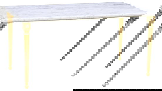 FRENCH LOUIS XVI STYLE MARBLE-TOP BRASS COFFEE TABLE: French Louis XVI style brass coffee table, 20th c., having rectangular marble top, rising on fluted tapering legs, ending on toupie feet, approx 17&quot;h, 35.5&quot;w, 19.5&quot;d