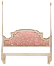 CUSTOM PAINTED & PARCEL-GILT LAMPAS-UPHOLSTERED HEADBOARD