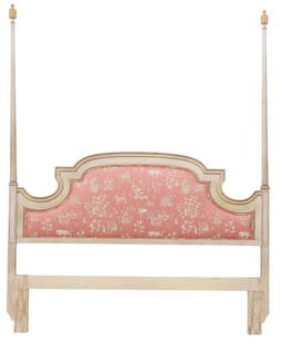 CUSTOM PAINTED & PARCEL-GILT LAMPAS-UPHOLSTERED HEADBOARD: Painted and parcel-gilt headboard, 20th c., having shaped cornice with parcel-gilt trim, flanked by tall tapered posts with tassel-form finials, padded back in custom upholstery, believed to be Traver