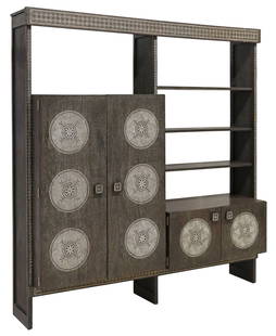 MODERN CERUSED OAK BOOKCASE CABINET: Modern black cerused oak bookcase/ wall unit, late 20th c.,&nbsp;having paneled cornice with floral&nbsp;diaper pattern, over three adjustable-height open shelves, cabinetry with channeled geometric r