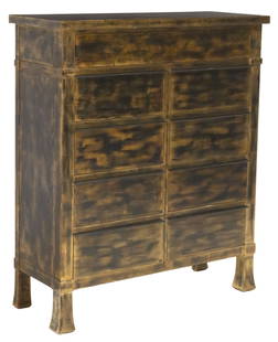 ATELIERS D'ART ANDRE MAILFERT PARCEL-GILT CHEST OF DRAWERS: French modern chest of drawers, Ateliers d&#39;Art Andre Mailfert, 20th c., in a brushed parcel-gilt finish, long frieze drawer, above eight short drawers, on flared bracket feet, branding mark Atelie