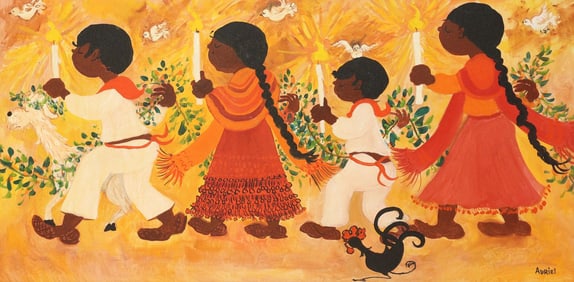 ADRIEL McGILL (1924-2013) PAINTING LAS POSADAS PROCESSION, 24" X 48"