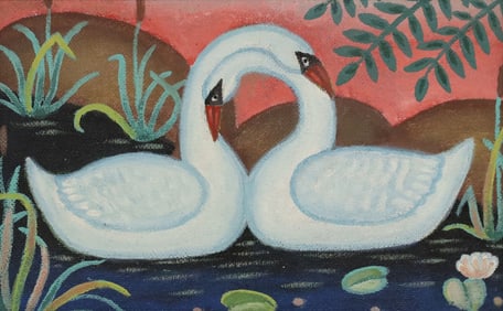 ALEVTINA PYZHOVA (B.1936) NAIVE PAINTING PAIR OF SWANS