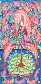 CHARLES SAUL (HAITIAN, B.1943) PAINTING FISH & FRUIT TREE, 48" X 24"
