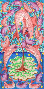 CHARLES SAUL (HAITIAN, B.1943) PAINTING FISH & FRUIT TREE, 48" X 24": Framed oil on Masonite painting, Pink fish and mango tree, signed lower right Charles Saul, Haiti (Charles Esperance Saul, Haitian, b.1943), sight: approx 47.75&quot;h, 23.75&quot;w, overall: 48.75&qu
