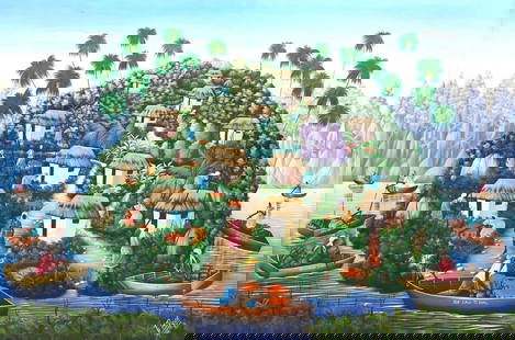 TI PARICE (HAITIAN, 20TH C.) ISLAND VILLAGE PAINTING, 40" X 60": Framed painting on canvas, Island Village with Boats, signed lower right&nbsp;Ti Parice (Haitian, 20th c.), Haiti, dated [19]89, sight: approx 39.75&quot;h, 59.75&quot;w, overall: 40.25&quot;h, 60.25&