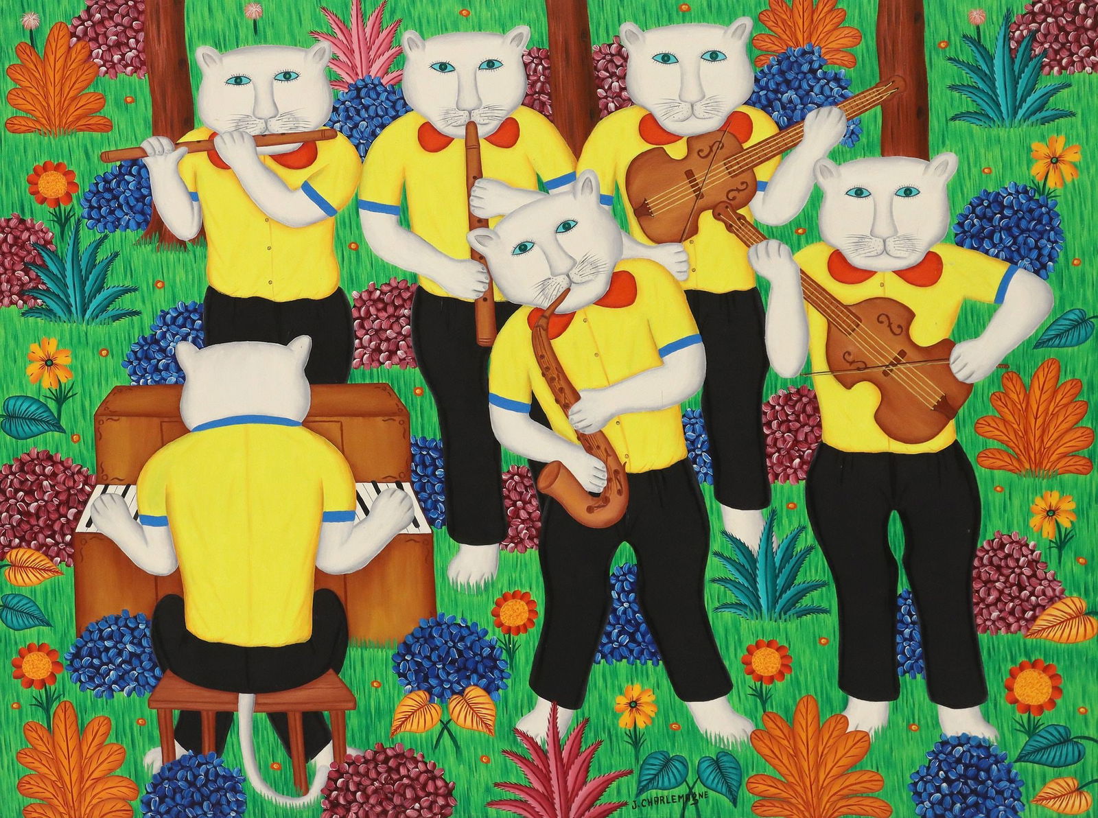 J. CHARLEMAGNE (HAITIAN, 20TH C.) PAINTING CAT MUSICIANS, 36" X 48" (1 of 4)
