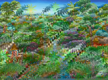 JEAN DAVID BOURSIQUOT (HAITIAN, B.1949) CARIBBEAN VILLAGE, 36" X 48": Framed oil on canvas painting, Caribbean village, signed lower right J.D. Boursiquot (Jean David Boursiquot, Haitian, b.1949), sight: approx 36&quot;h, 48&quot;w, overall: 37&quot;h, 49&quot;&quot;w,