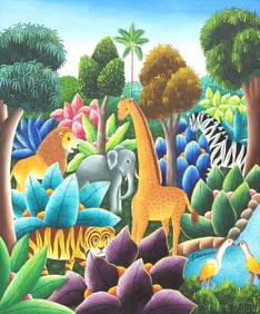 L. DUMONT (HAITIAN, 20TH C.) PAINTING JUNGLE ANIMALS, 24" X 20"