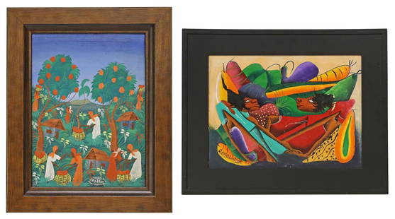 (2) HAITIAN SCHOOL PAINTINGS: (lot of 2) Framed Haitian school paintings on canvas, including: (1) Women picking fruit, signed lower center Markins, sight: approx 15.5&quot;h, 11.5&quot;w, overall: 20.75&quot;h, 16.75&quot;w, (1)