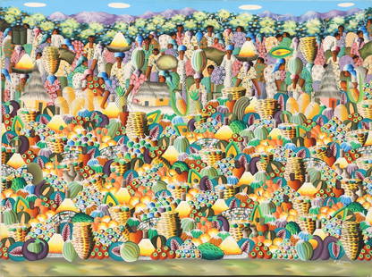 TI TRA JEAN FATREUSE DELVA (HAITIAN, D.2011) PAINTING VILLAGE: Framed oil on Masonite painting, Caribbean village, initialed lower left J.F.D (Jean Fatreuse &quot;Ti Tra&quot;&nbsp;Delva, Haitian, d.2011), sight: approx 24&quot;h, 15.75&quot;w, overall: 24.75&quo