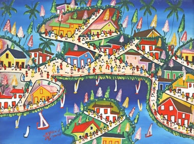 MERISSAINT ELISSAINT (HAITIAN, 20TH C.) PAINTING VILLAGE & HARBOR