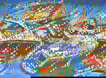 MERISSAINT ELISSAINT (HAITIAN, 20TH C.) PAINTING VILLAGE & HARBOR: Framed oil on canvas painting, Caribbean village and harbor, signed lower left&nbsp;Merissaint Elissaint (Haitian, 20th c.), sight: approx&nbsp;12 1/8&quot;h, 16 1/8&quot;w, overall: 12.75&quot;h, 16.