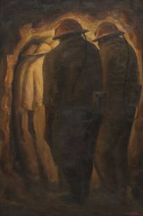 HECTOR MARTINEZ ARTECHE (1934-2011) MEXICAN SOCIAL REALIST PAINTING CANANEA MINERS: Framed oil on canvas painting, Copper Miners, signed lower right Hector Martinez Arteche (Mexican, 1934-2011), Cananea, Sonora, dated 1962, sight: approx 35.25"h, 23.5"w, overall: 39 3/8&quo