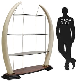 MODERNIST LARGE FAUX ELEPHANT TUSK & SMOKED GLASS ETAGERE