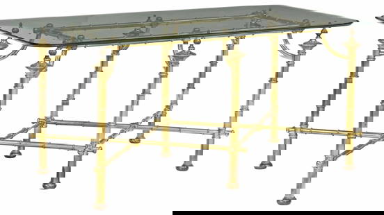 VINTAGE FAUX BAMBOO BRASS COFFEE TABLE: Vintage brass coffee table, last quarter 20th c., glass top with beveled edge, faux bamboo frame, on six legs joined by x-form cross stretchers, approx 22.25&quot;h, 48&quot;w, 27&quot;d
