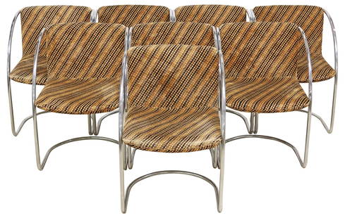 (8) GIOVANNI OFFREDI FOR SAPORITI 'LENS' CANTILEVER CHAIRS: (lot of 8) Italian modernist dining chairs, Giovanni Offredi (Italian, 1927-2007) for Saporiti Italia SpA, c.1970s, padded back and seat, chrome-plated tubular steel cantilever frame, approx