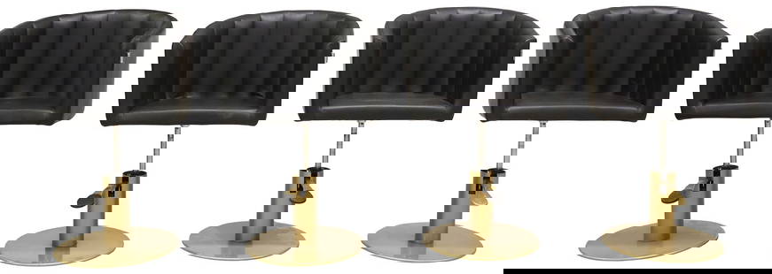 (4) ITALIAN VEZZOSI FAUX LEATHER BARREL-BACK SWIVEL SALON CHAIRS: (lot of 4) Contemporary Italian faux leather hairdressing/ salon chairs, Vezzosi, 21st c., from the Fancy Collection, each having barrel back with vertical stitching, in black synthetic leather uphols