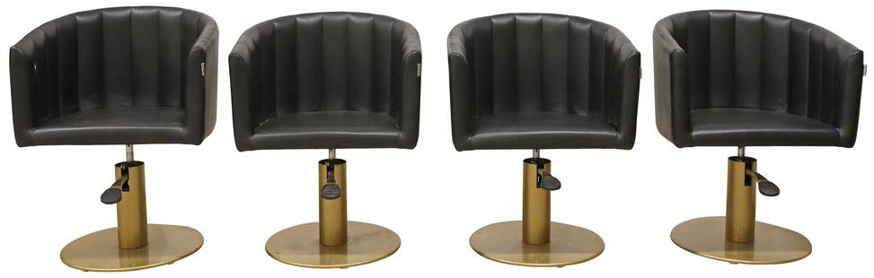 (4) ITALIAN VEZZOSI FAUX LEATHER BARREL-BACK SWIVEL SALON CHAIRS: (lot of 4) Contemporary Italian faux leather hairdressing/ salon chairs, Vezzosi, 21st c., from the Fancy Collection, each having barrel back with vertical stitching, in black synthetic leather uphols