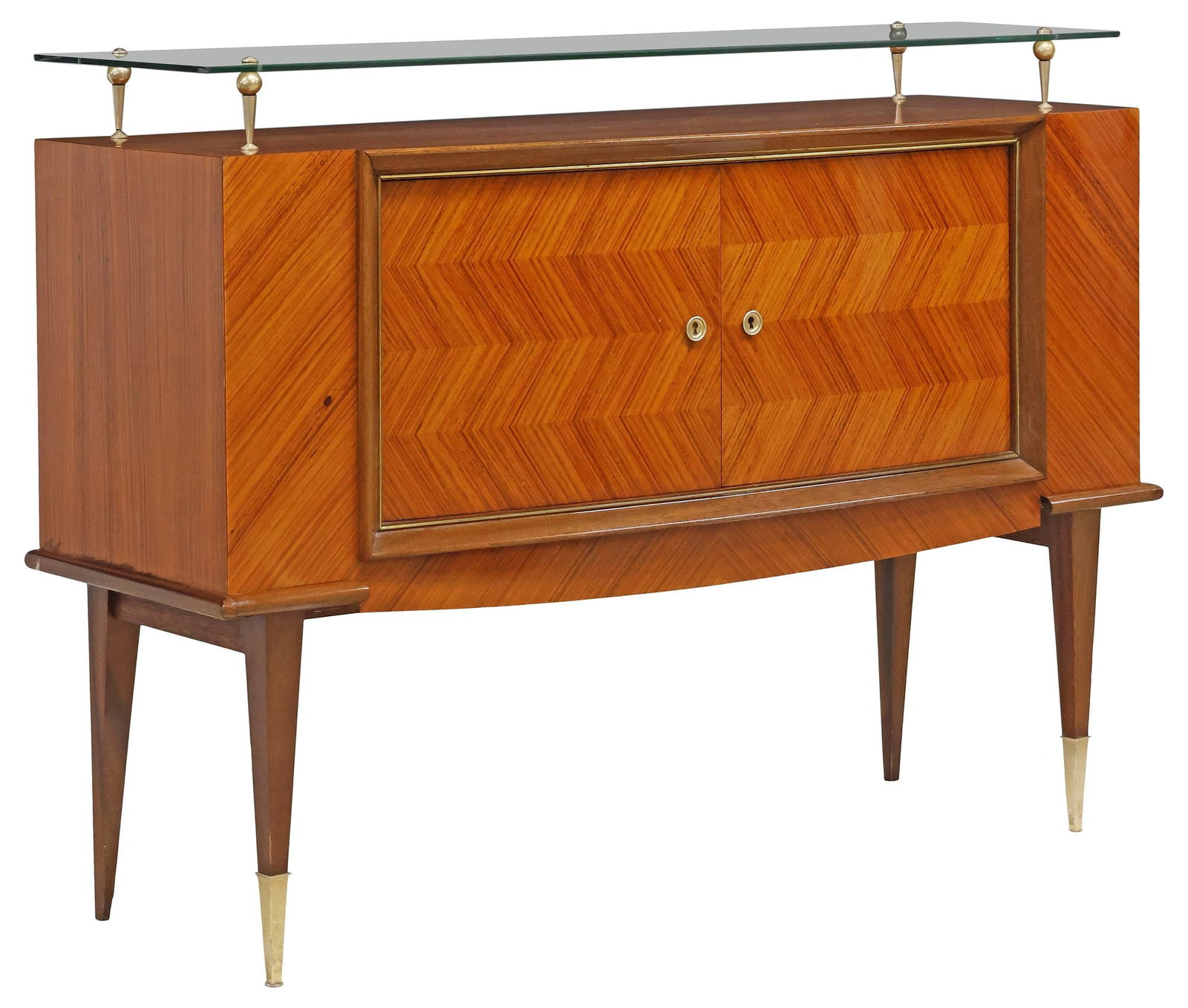 FRENCH MID-CENTURY MODERN ROSEWOOD SIDEBOARD: French mid-century modern rosewood sideboard, c.1950s, glass shelf surmounting the case, pair of cabinet doors, on tapering square-section legs, approx 40.25"h, 54.75"w, 18"d