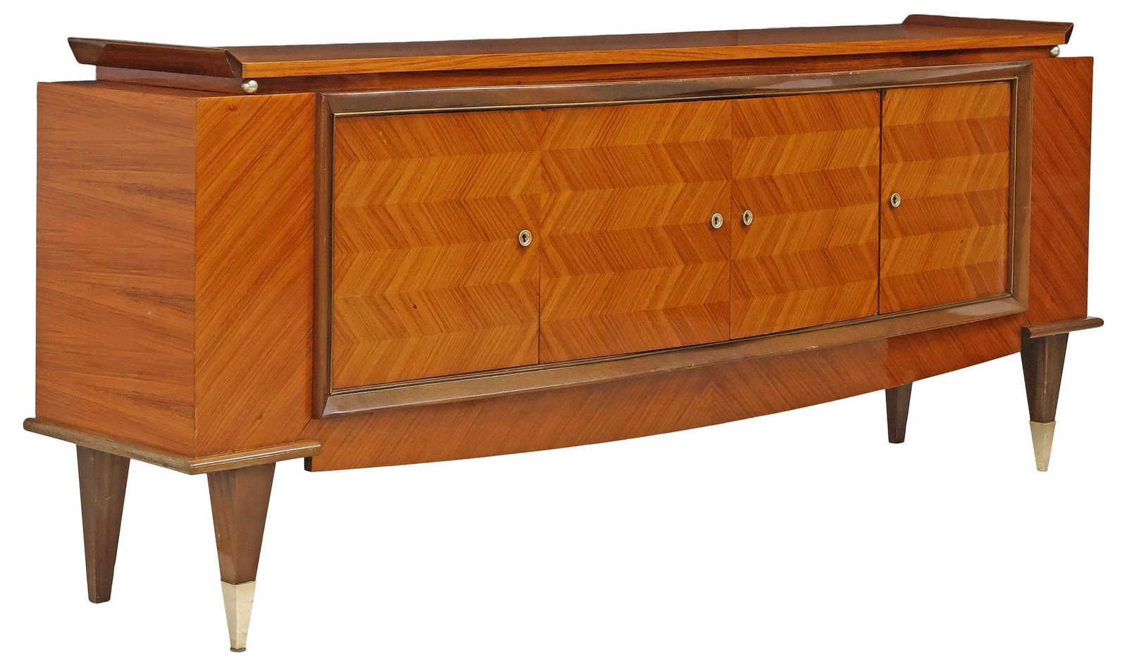 FRENCH MID-CENTURY MODERN ROSEWOOD SIDEBOARD: French mid-century modern rosewood sideboard, c.1950s, having raised top with angled sides, above matched-veneer case, fitted with four cabinet doors, revealing fix-height shelving and four inter