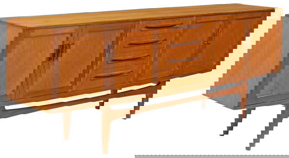 G PLAN 'FRESCO' MID-CENTURY MODERN TEAK CREDENZA SIDEBOARD: Mid-century modern "Fresco" teak credenza/ sideboard, Victor B. Wilkins for G Plan, c.1960s, case fitted with four centered drawers, top drawer with divided interior, flanked by double-door