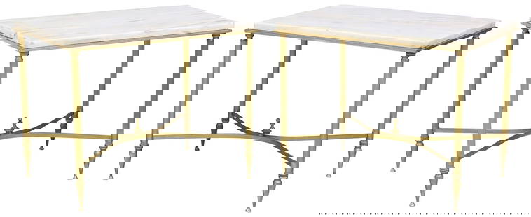 (2) MAISON BAGUES STYLE GILT-BRASS SIDE TABLES: (pair) French gilt-brass side tables, in the manner of Maison Bagues, mid 20th c., inset marble top, fluted legs joined by x-form cross stretcher, approx 14.25&quot;h, 17.75&quot;w, 12.5&quot;d