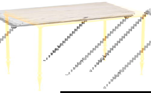 MAISON BAGUES STYLE MARBLE-TOP GILT-BRASS COFFEE TABLE: French gilt-brass coffee table, in the manner of Maison Bagues, mid 20th c., rectangular marble top, rising on fluted legs, ending on conical feet, approx 15.75&quot;h, 29.5&quot;w, 18&quot;d **Note: