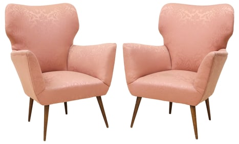 (2) ITALIAN MID-CENTURY MODERN PINK-UPHOLSTERED ARMCHAIRS