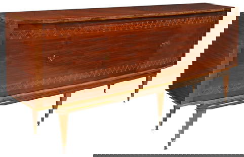 FRENCH MID-CENTURY MODERN MAHOGANY SIDEBOARD: French mid-century modern mahogany sideboard, c.1950s, having matched veneer breakfront case fitted with four cabinet doors, revealing four interior drawers and fixed-height shelving, rising on tapere