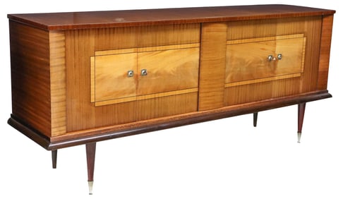 FRENCH MID-CENTURY MODERN LACQUERED & INLAID MAHOGANY SIDEBOARD